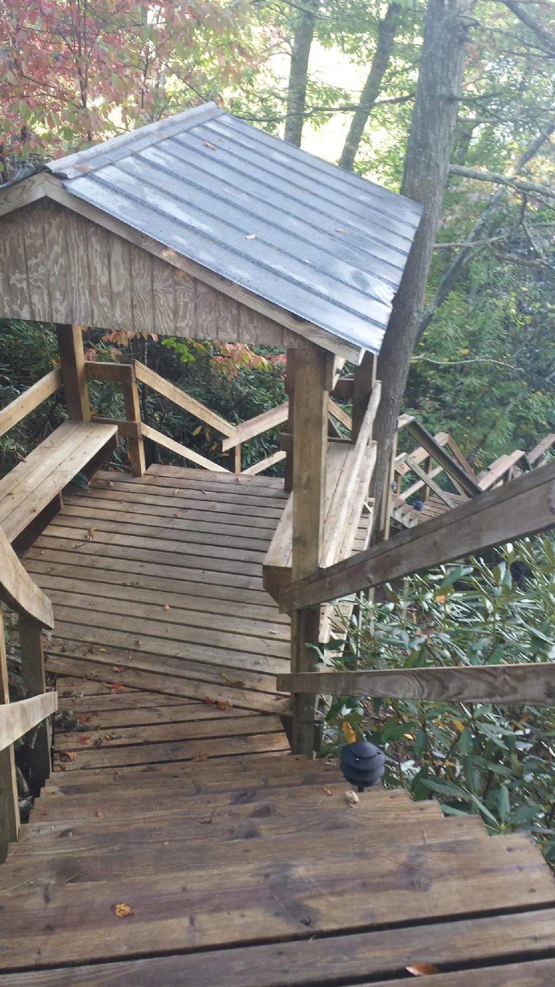 Metal roofed shelter over wooden steps on a wooded walkway — Skylight Repair & Installation work by our crew in Dougherty
